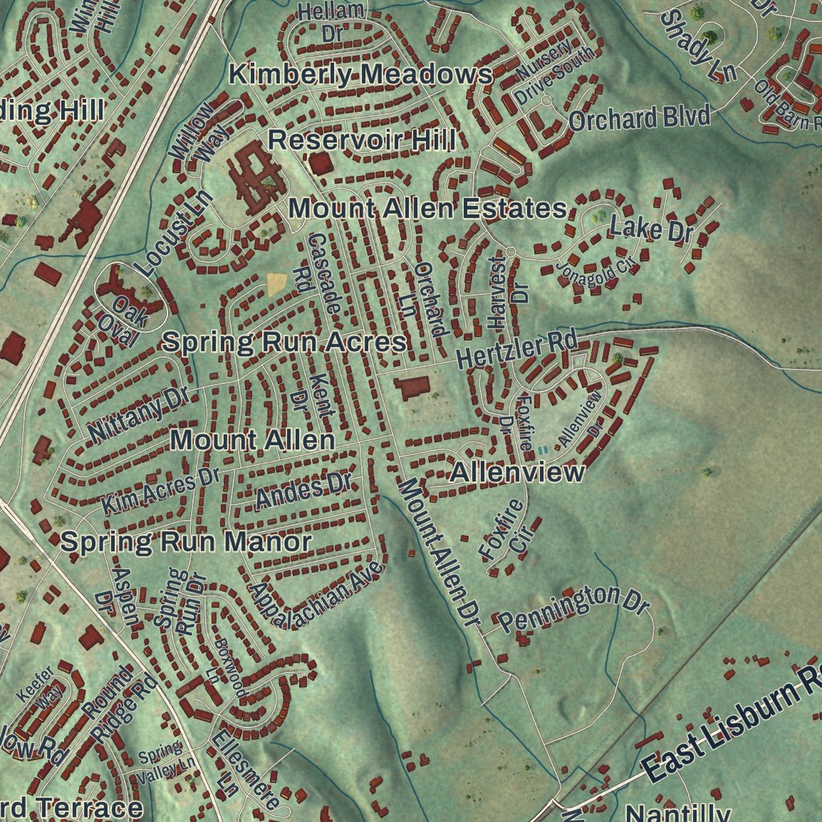 Close-up of the map of Upper Allen, Pennsylvania print showing street and building detail