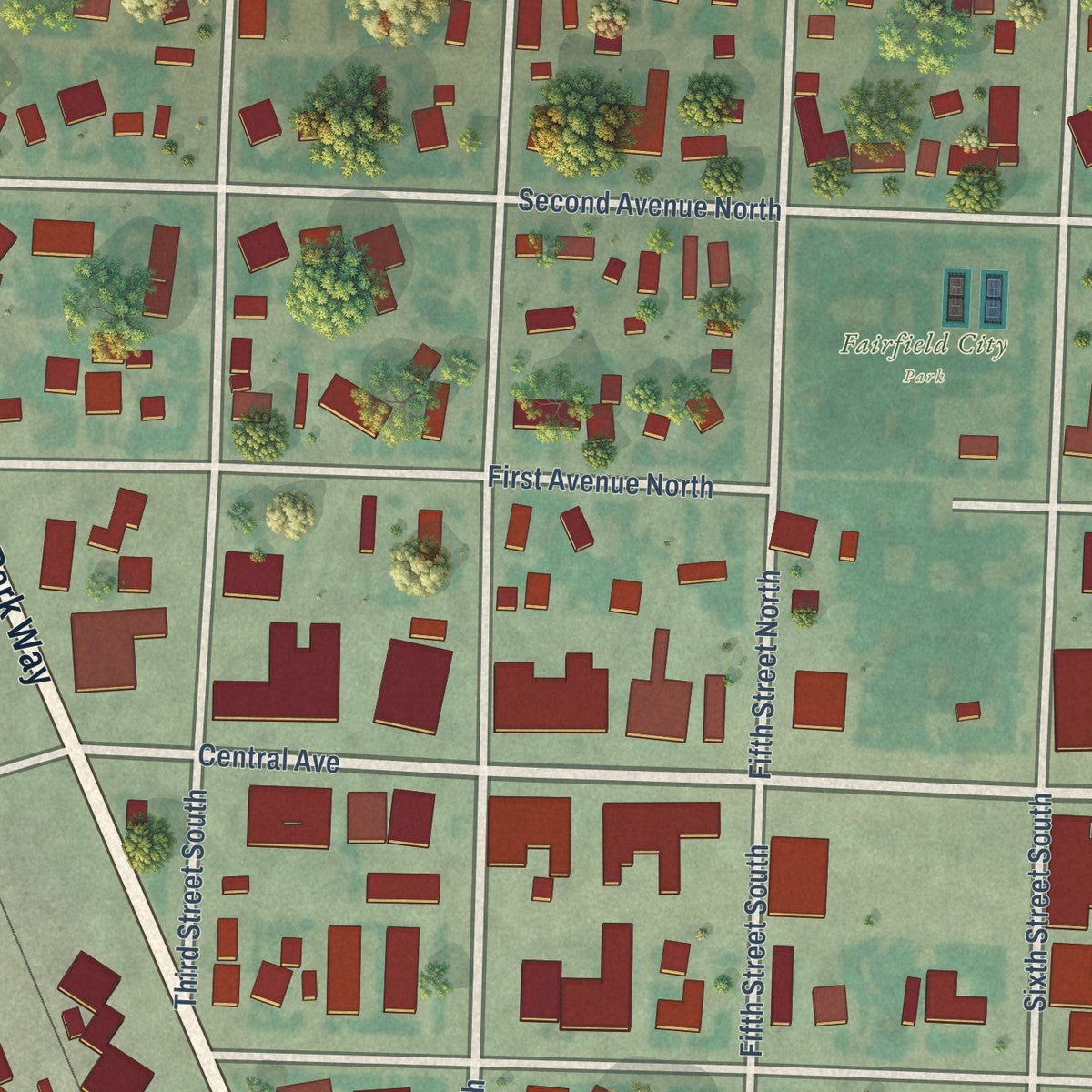 Close-up of the map of Fairfield, Montana print showing street and building detail
