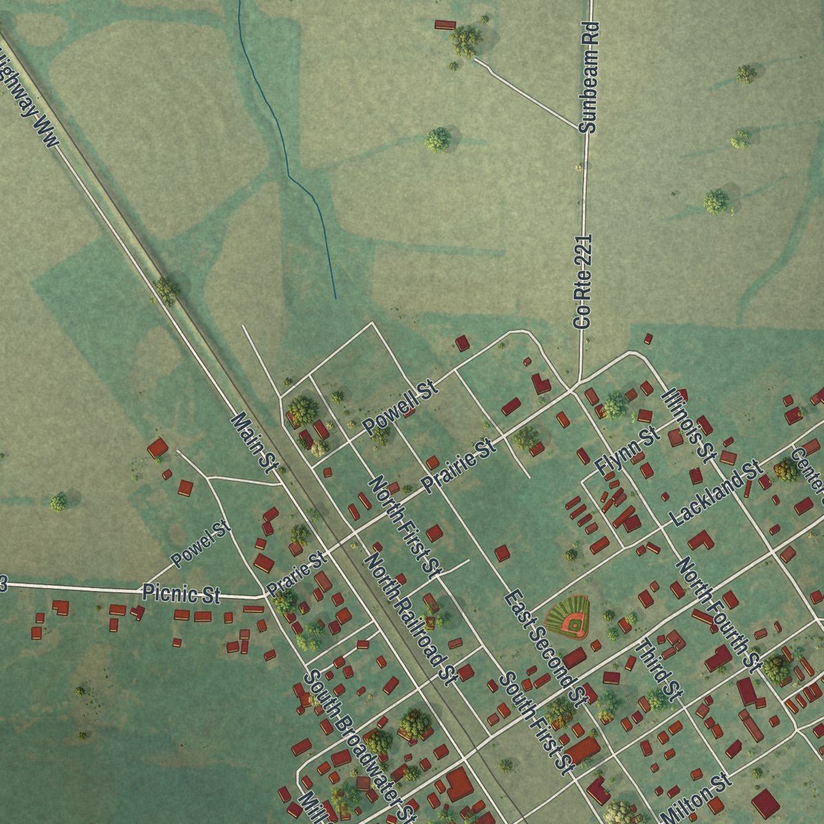Close-up of the map of New Florence, Missouri print showing street and building detail