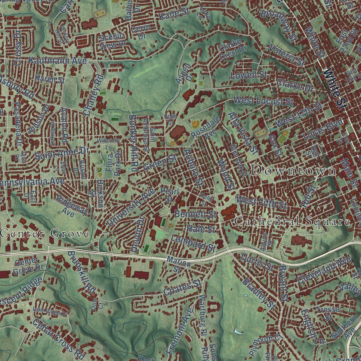 Close-up of the map of Dubuque, Iowa print showing street and building detail