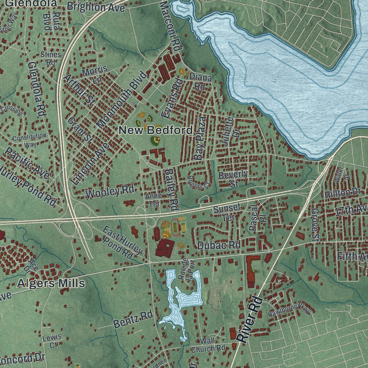 Close-up of the map of Wall, New Jersey print showing street and building detail