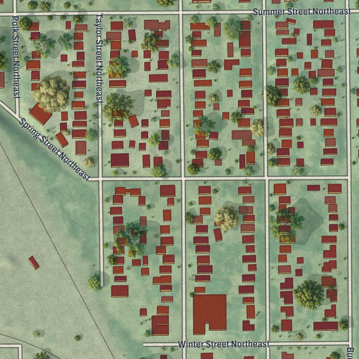 Close-up of the map of Beltrami, Minneapolis, Minnesota print showing street and building detail