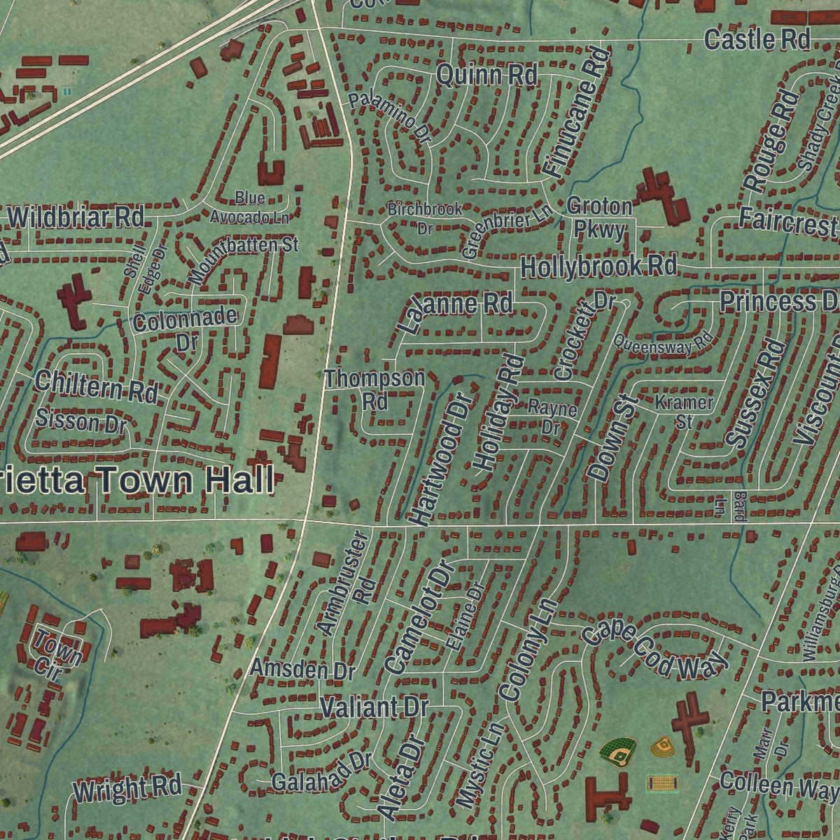 Close-up of the map of Henrietta, New York print showing street and building detail