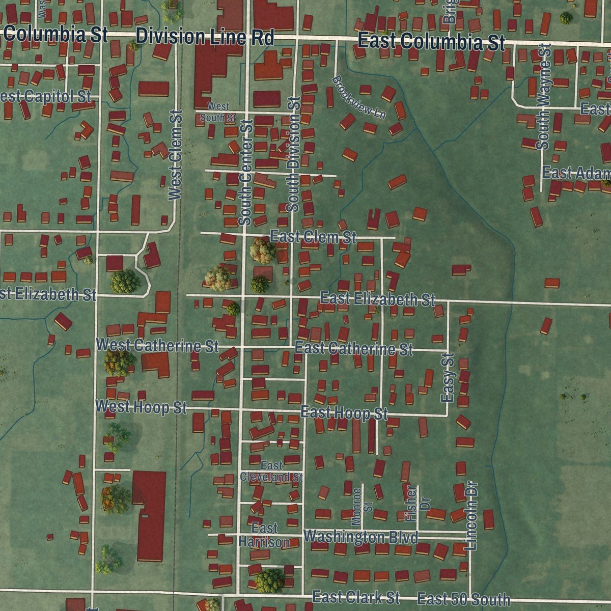 Close-up of the map of Flora, Indiana print showing street and building detail