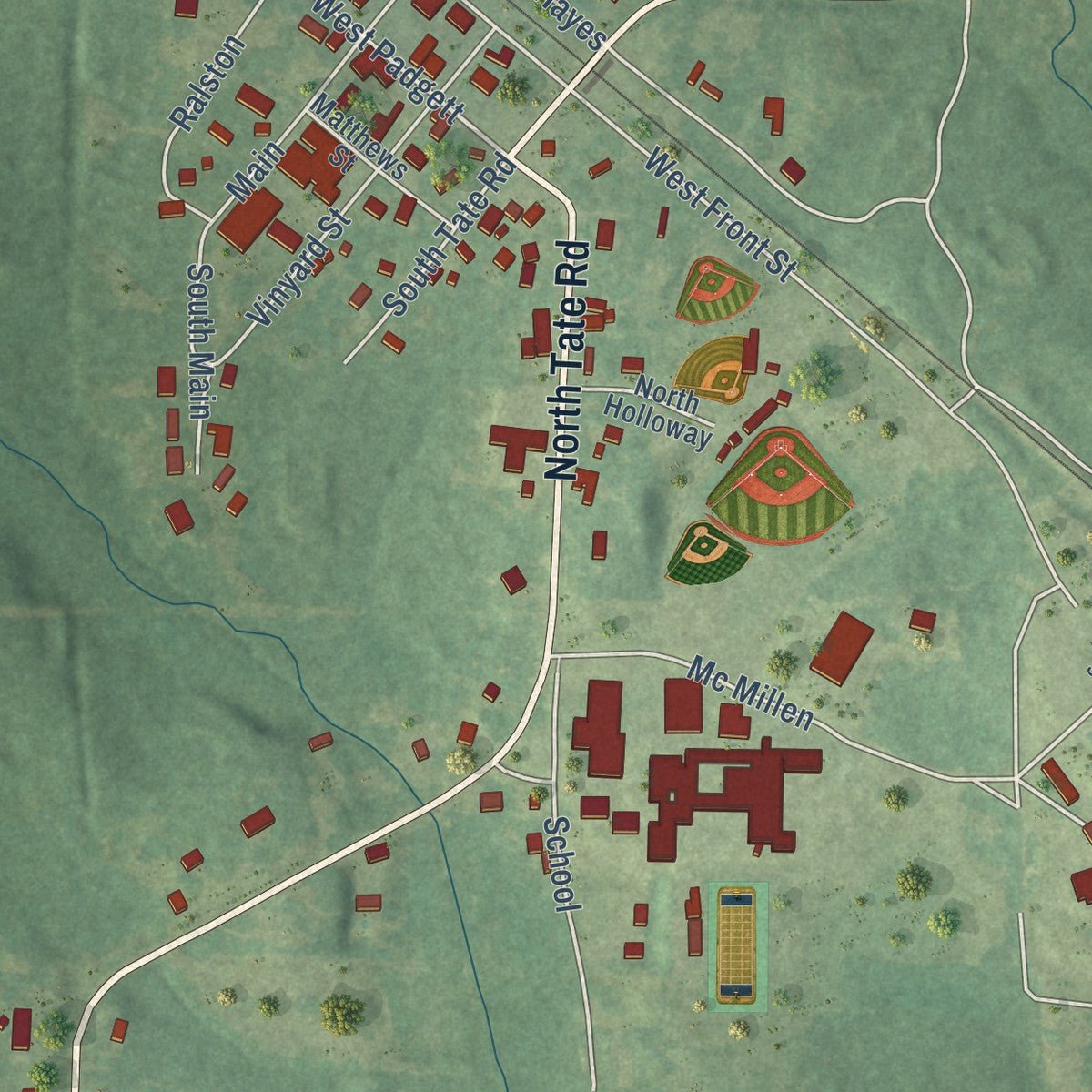 Close-up of the map of Norphlet, Arkansas print showing street and building detail