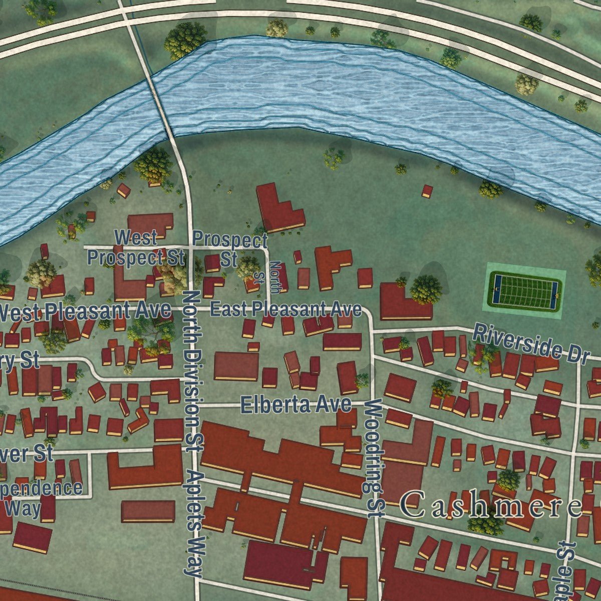Close-up of the map of Cashmere, Washington print showing street and building detail