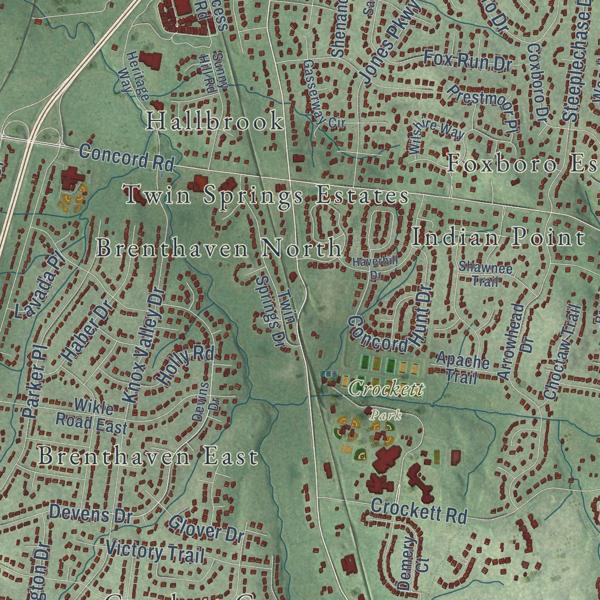 Close-up of the map of Brentwood, Tennessee print showing street and building detail