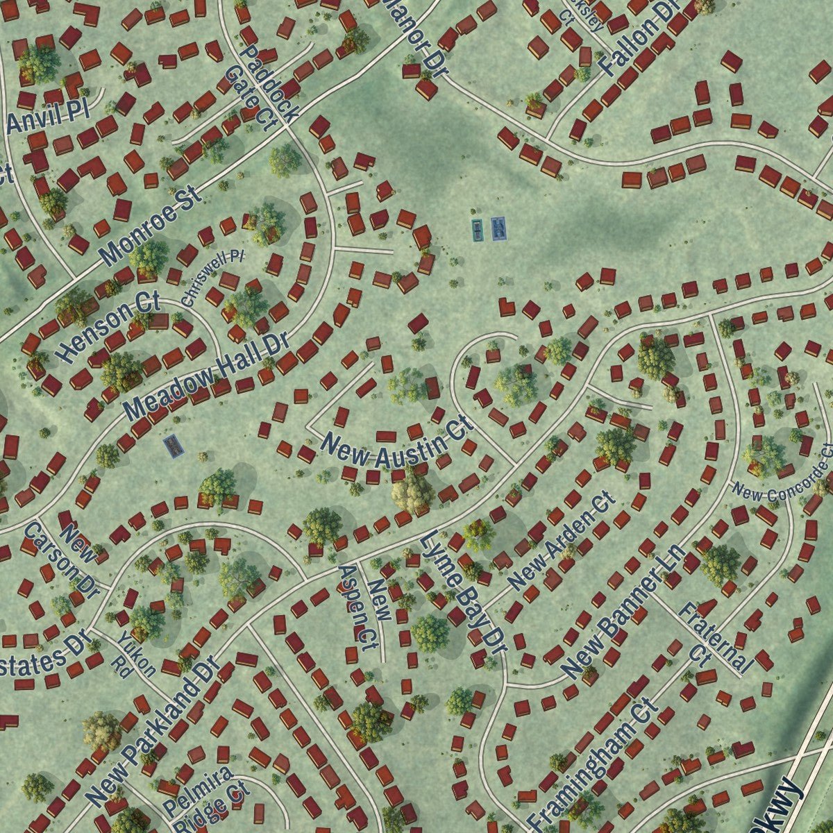 Close-up of the map of Floris, Virginia print showing street and building detail