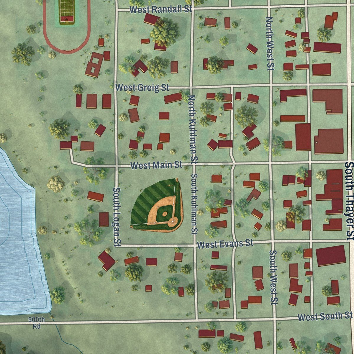 Close-up of the map of Spencer, Nebraska print showing street and building detail