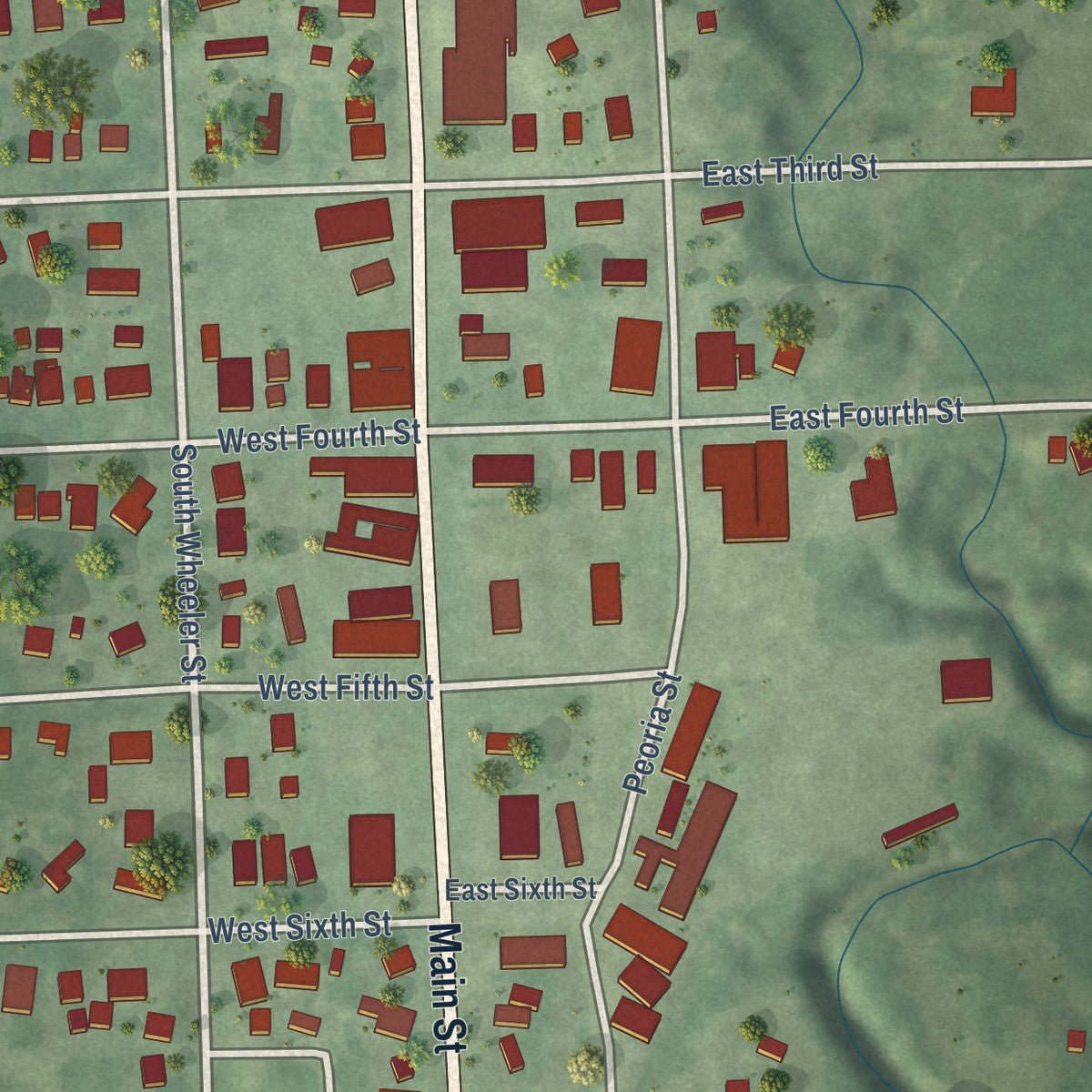Close-up of the map of Nelson, Nebraska print showing street and building detail