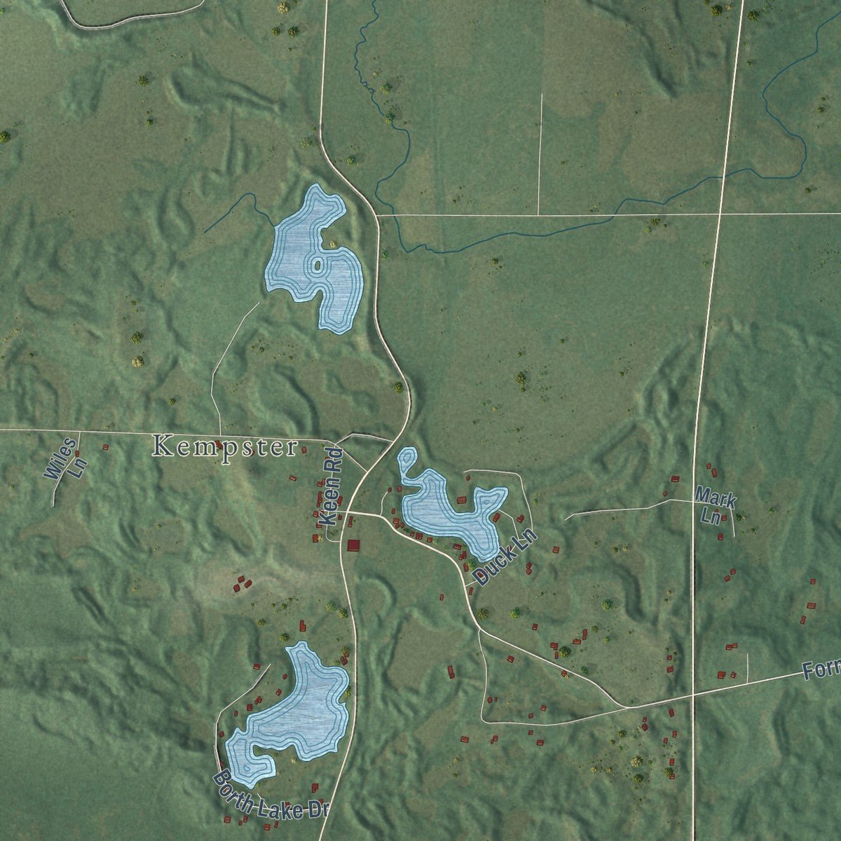 Close-up of the map of Neva, Wisconsin print showing street and building detail