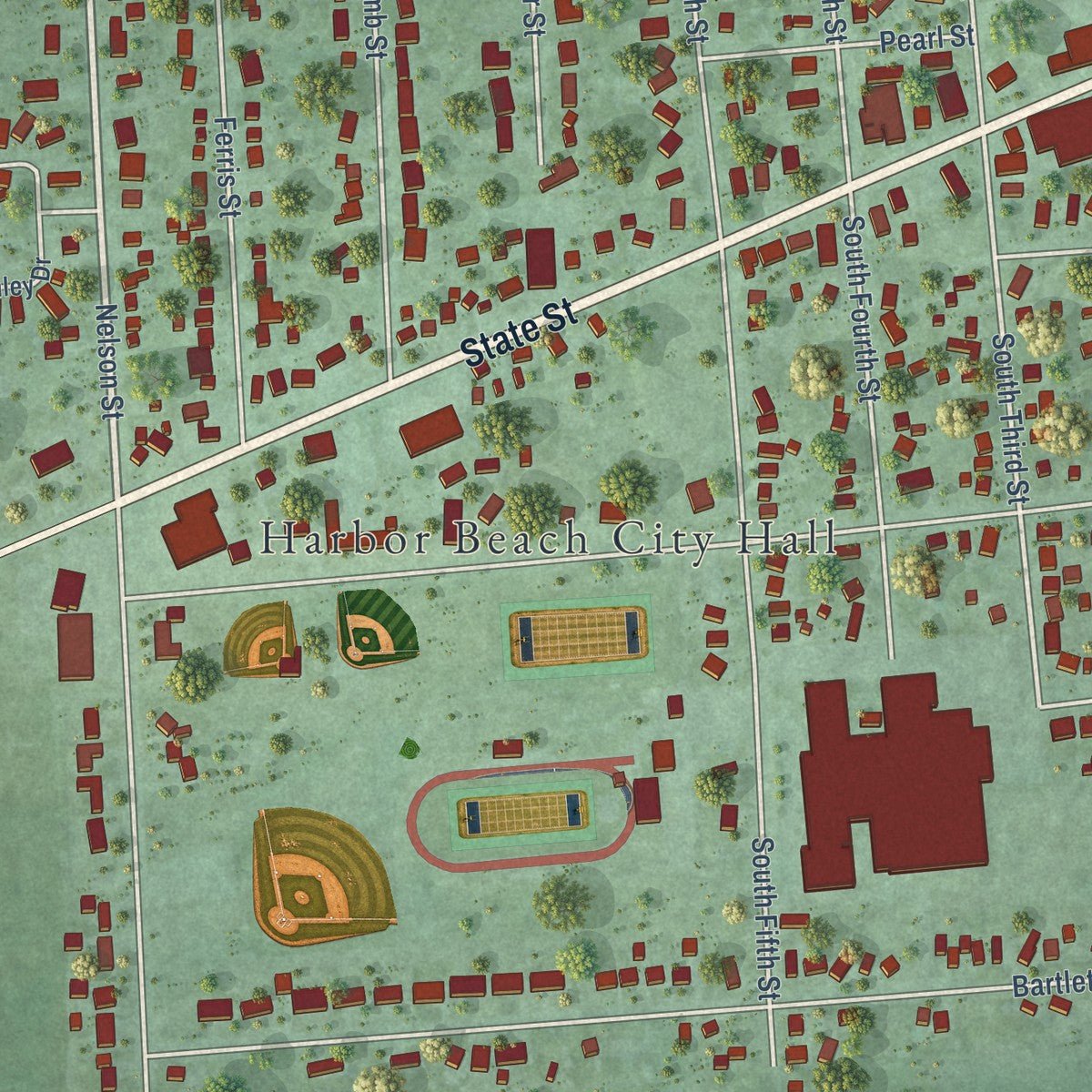 Close-up of the map of Harbor Beach, Michigan print showing street and building detail
