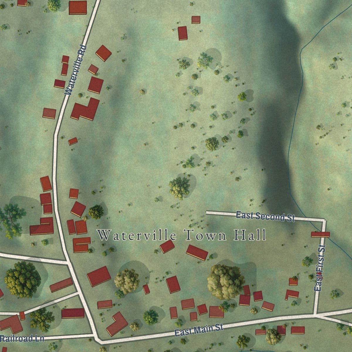 Close-up of the map of Waterville, Iowa print showing street and building detail