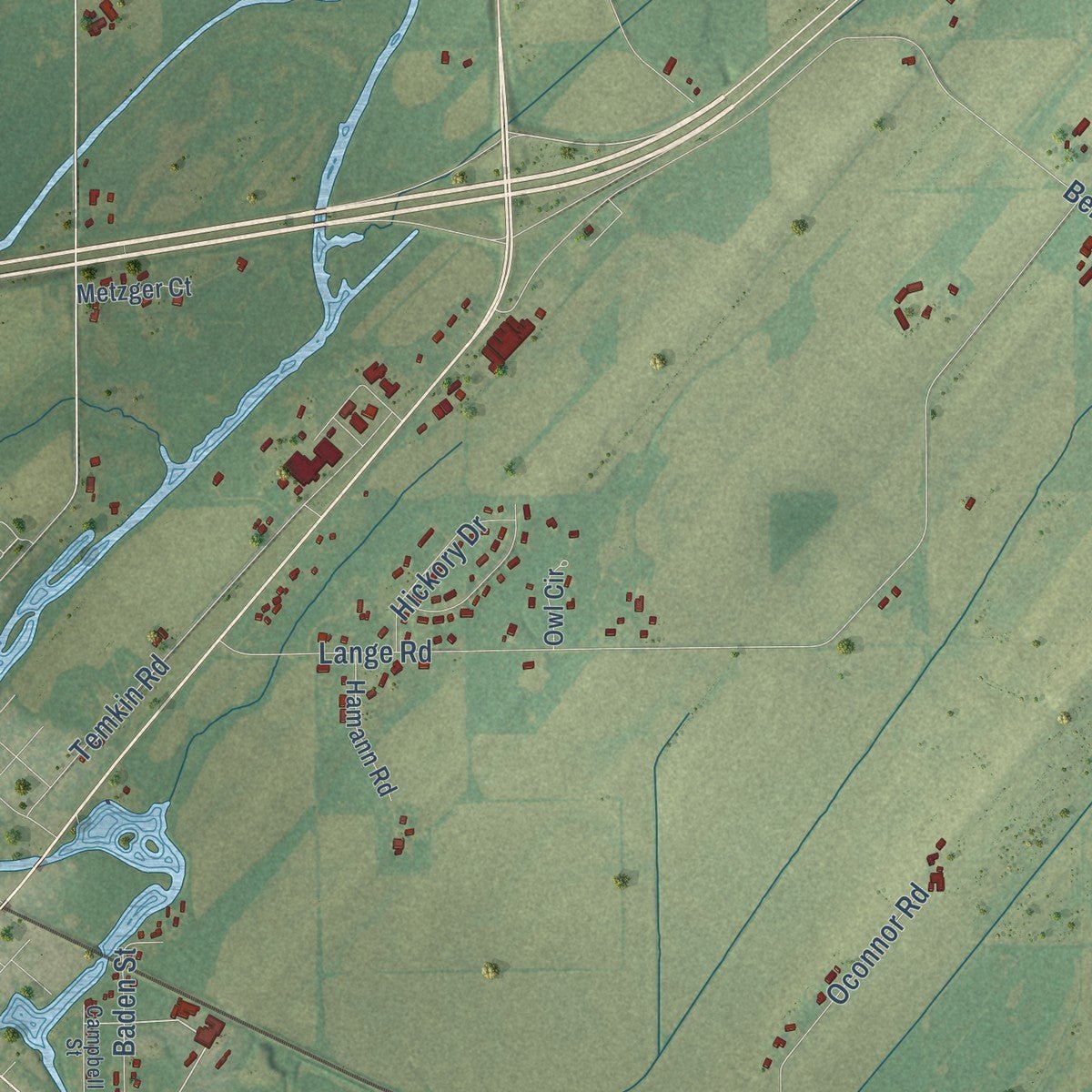 Close-up of the map of Elba, Wisconsin print showing street and building detail