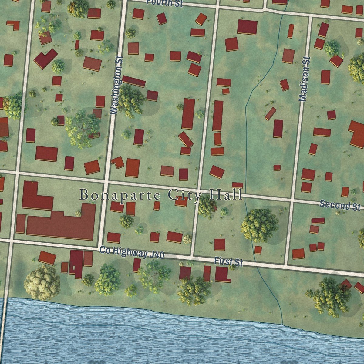 Close-up of the map of Bonaparte, Iowa print showing street and building detail