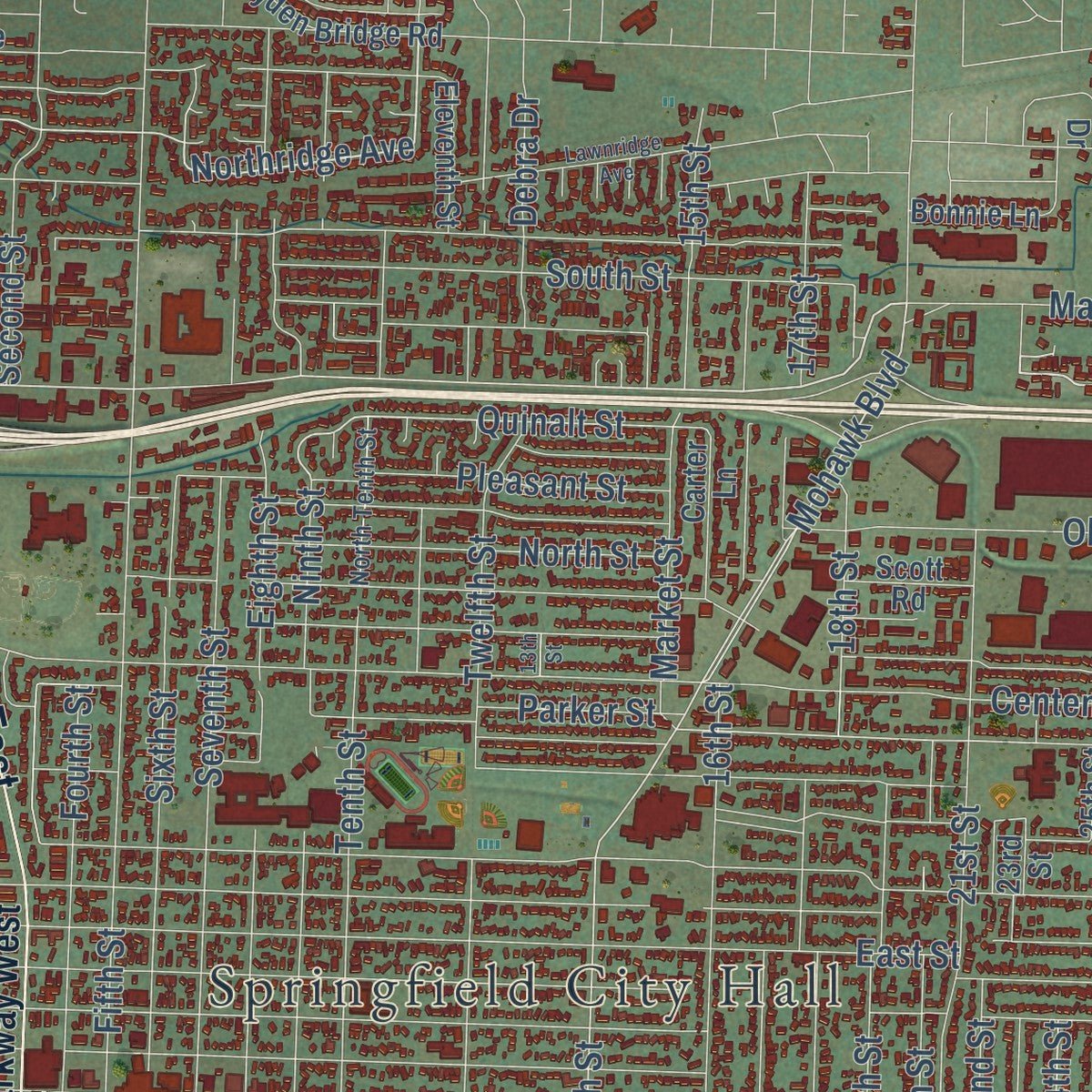 Close-up of the map of Springfield, Oregon print showing street and building detail