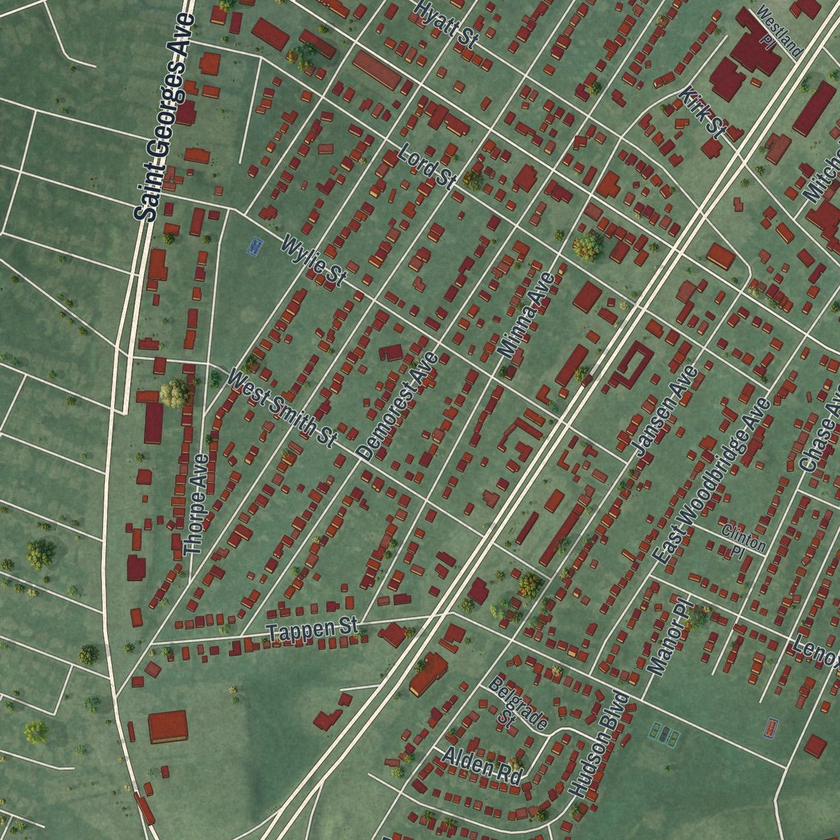 Close-up of the map of Avenel, New Jersey print showing street and building detail