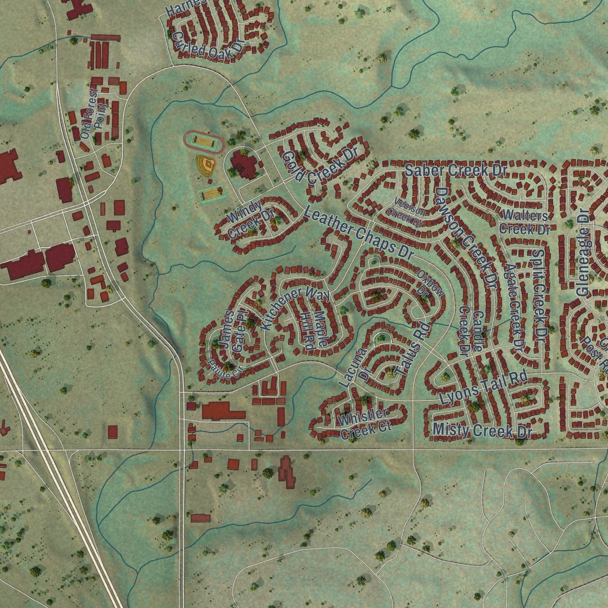 Close-up of the map of Monument, Colorado print showing street and building detail