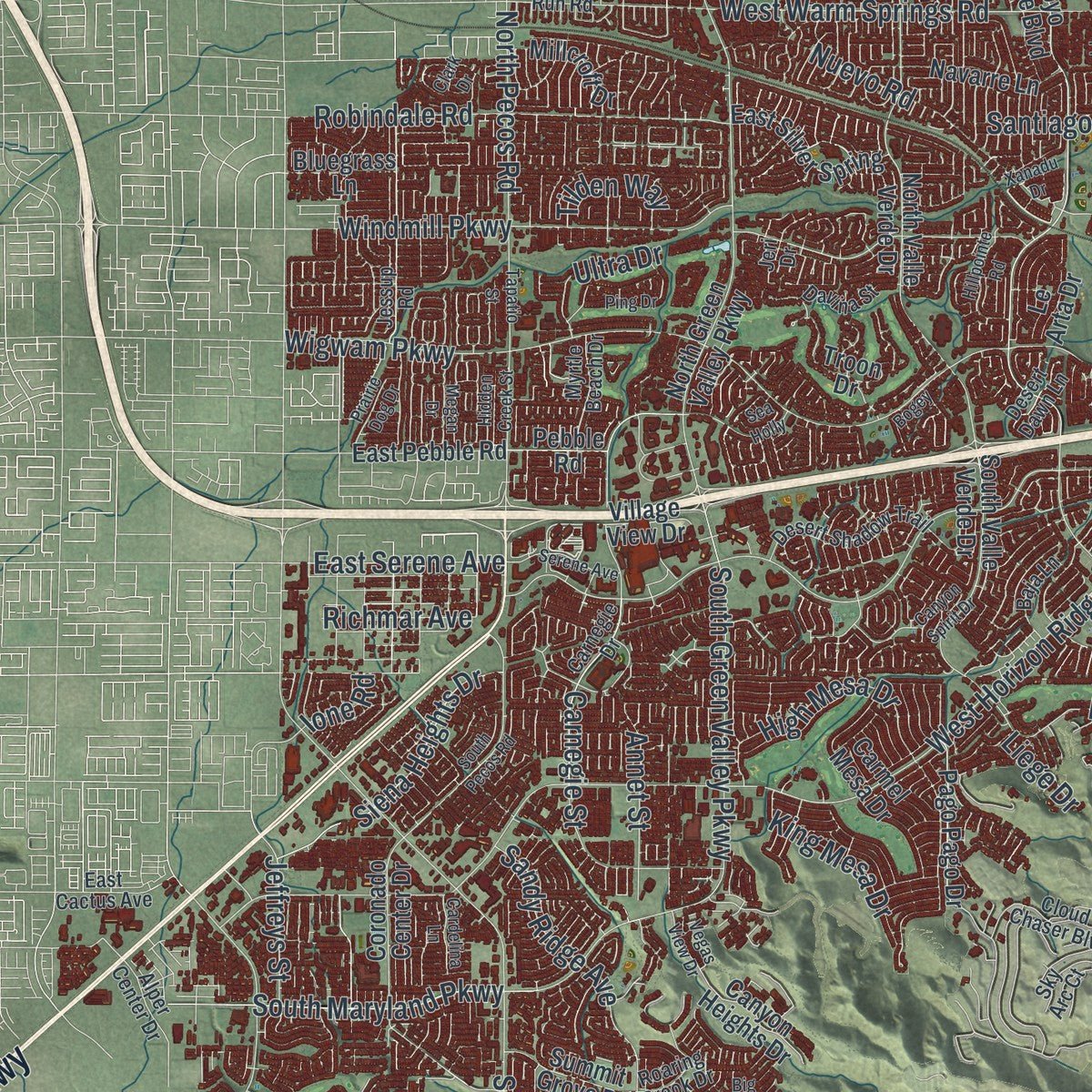 Close-up of the map of Henderson, Nevada print showing street and building detail