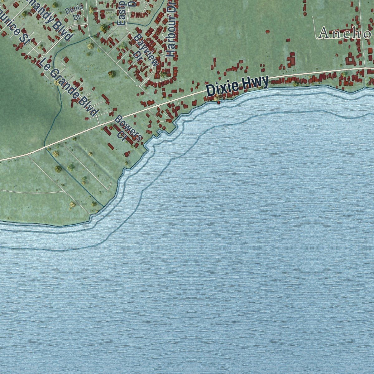 Close-up of the map of Ira, Michigan print showing street and building detail