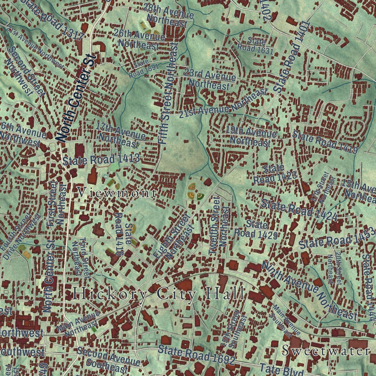 Close-up of the map of Hickory, North Carolina print showing street and building detail