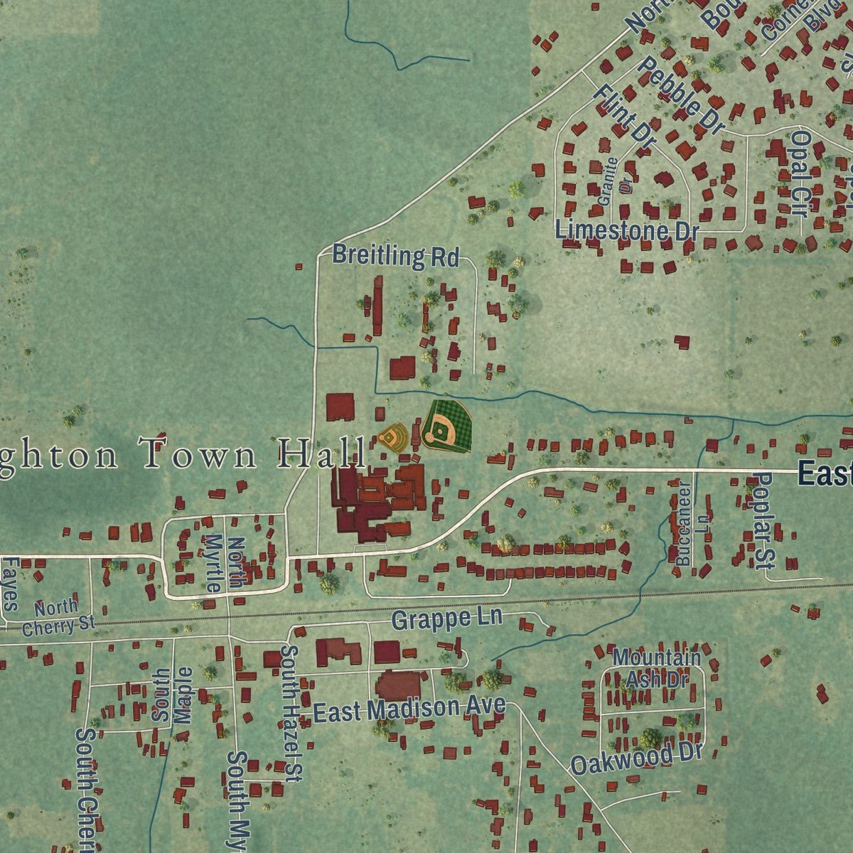 Close-up of the map of Haughton, Louisiana print showing street and building detail