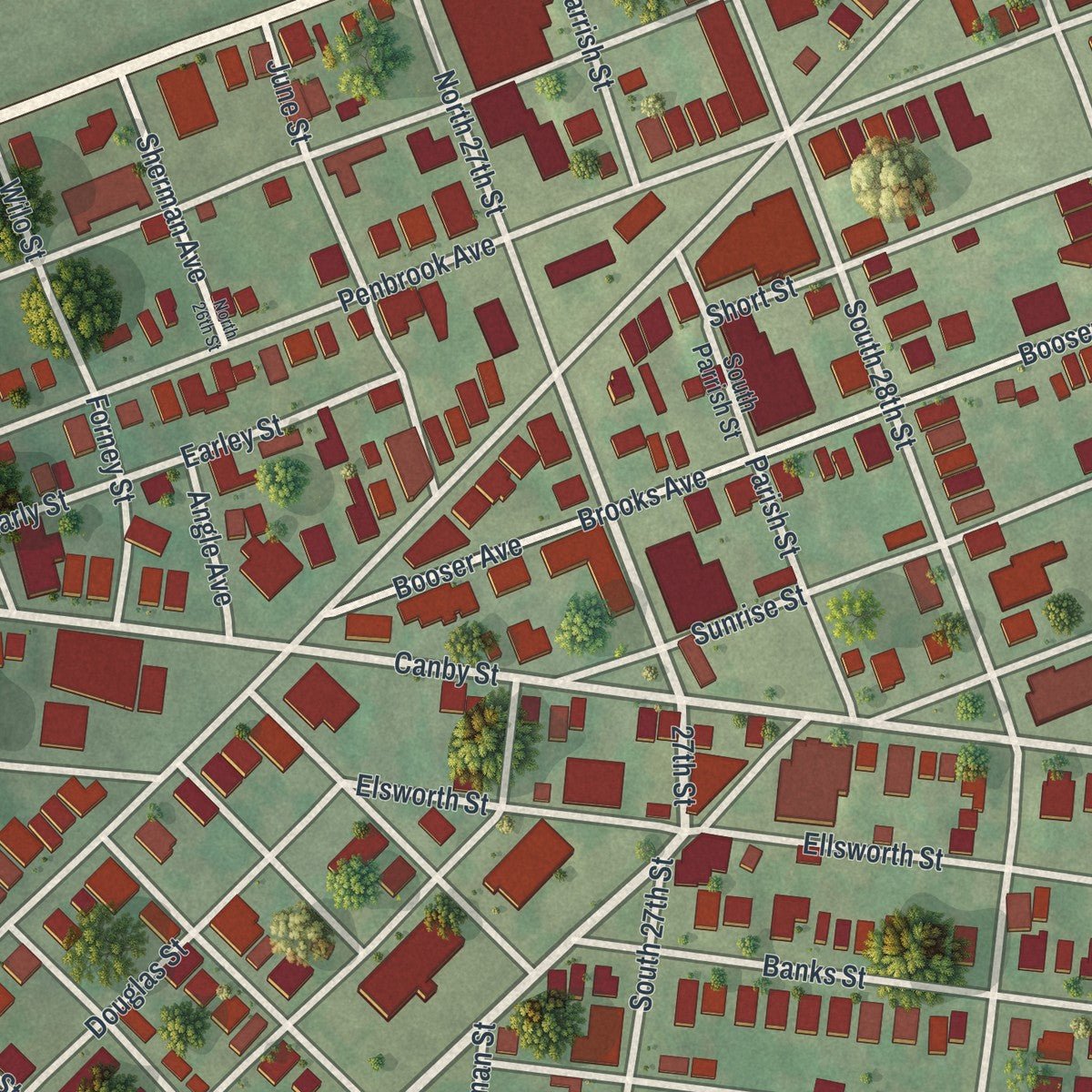 Close-up of the map of Penbrook, Pennsylvania print showing street and building detail