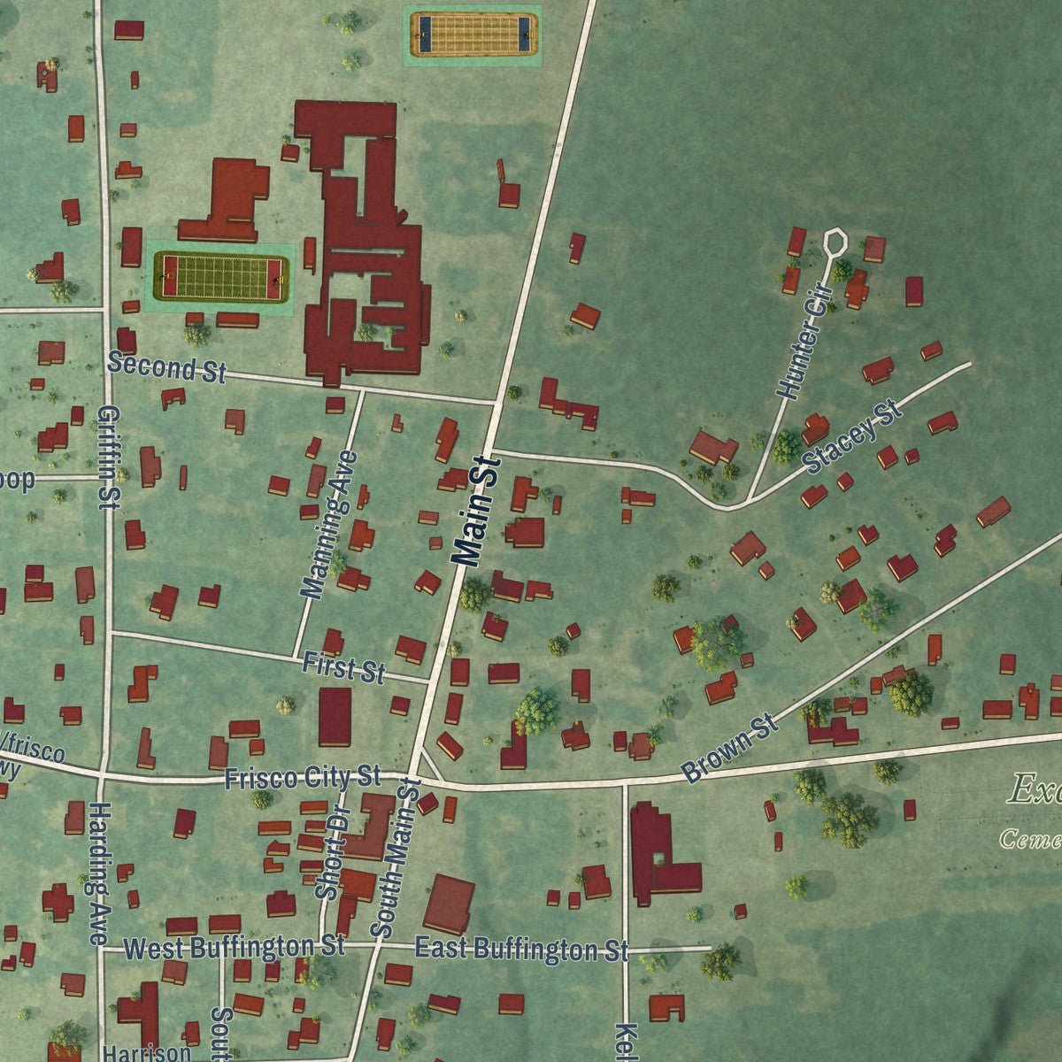 Close-up of the map of Excel, Alabama print showing street and building detail