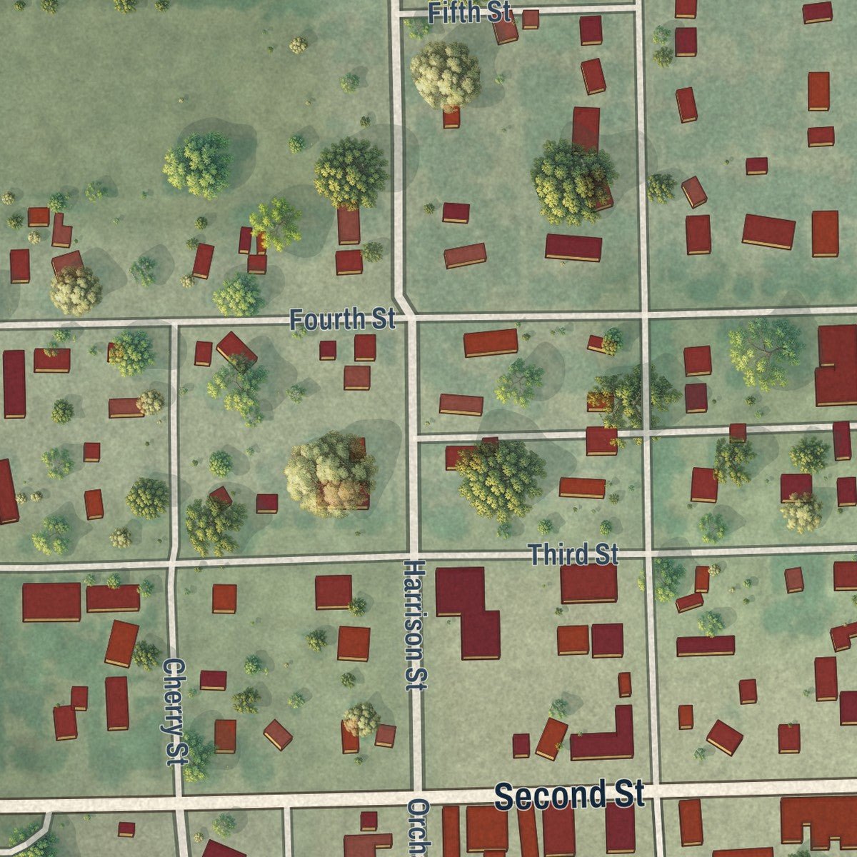 Close-up of the map of Orchard, Nebraska print showing street and building detail