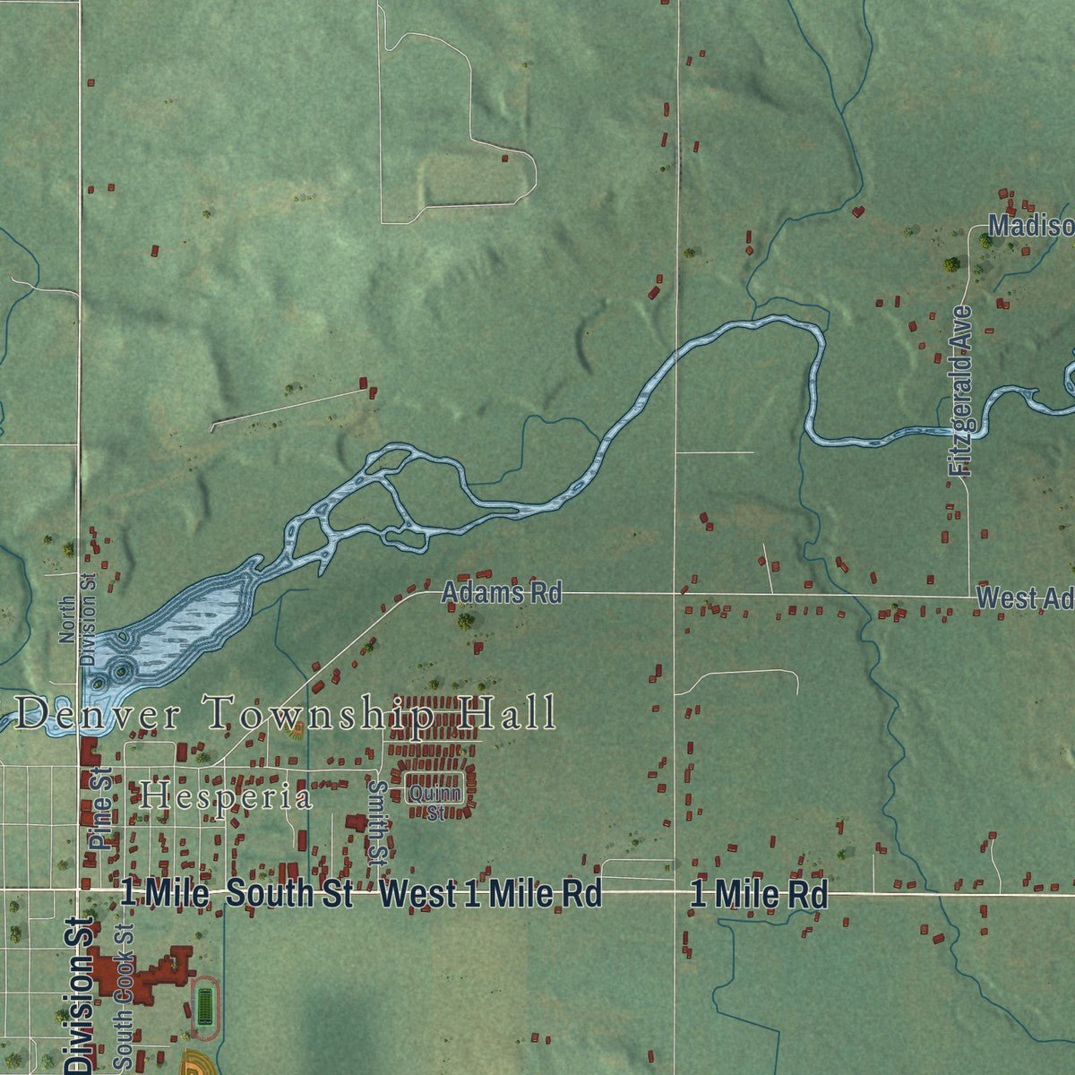 Close-up of the map of Denver, Newaygo County, Michigan print showing street and building detail