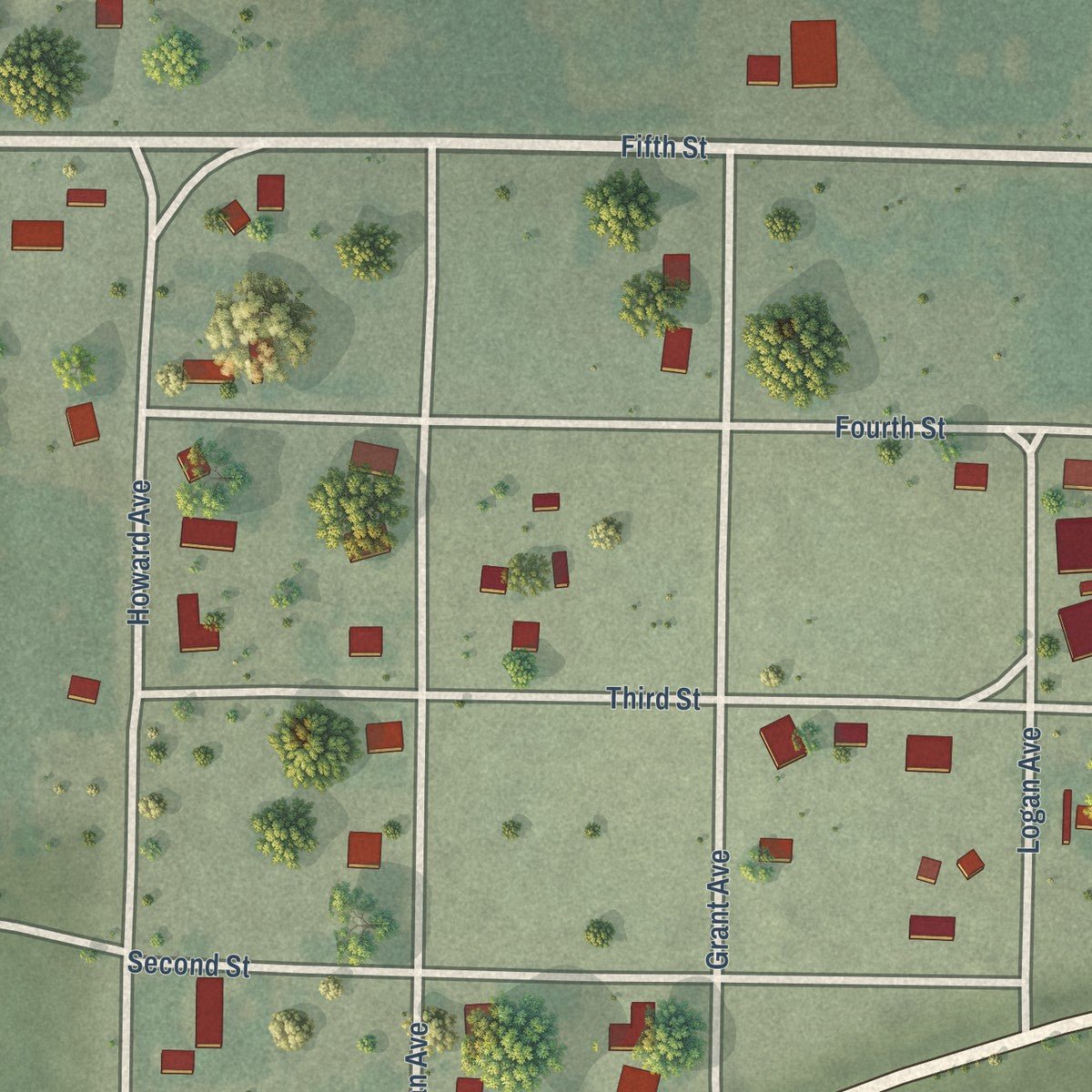 Close-up of the map of Hendley, Nebraska print showing street and building detail