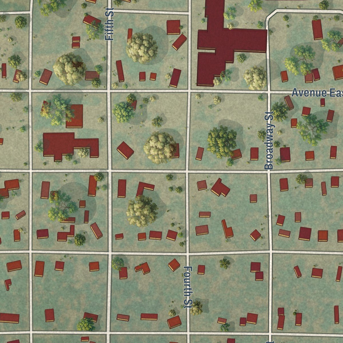 Close-up of the map of Lawn, Texas print showing street and building detail