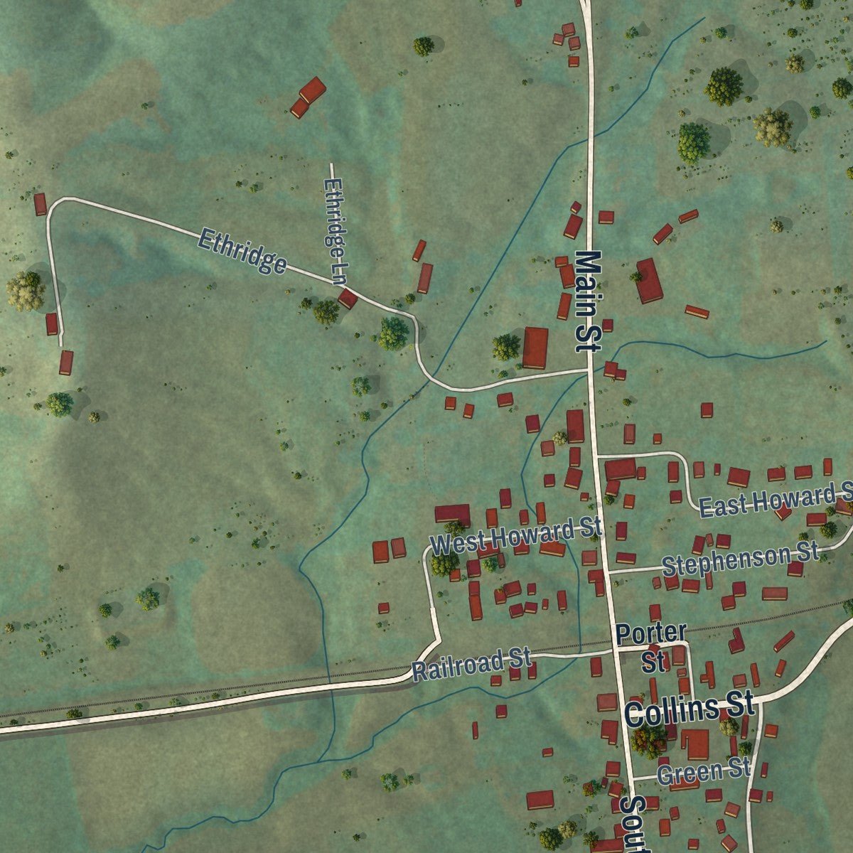 Close-up of the map of Glencoe, Kentucky print showing street and building detail
