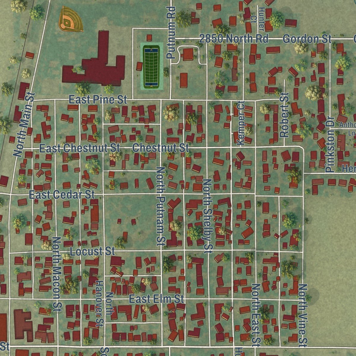 Close-up of the map of Moweaqua, Illinois print showing street and building detail