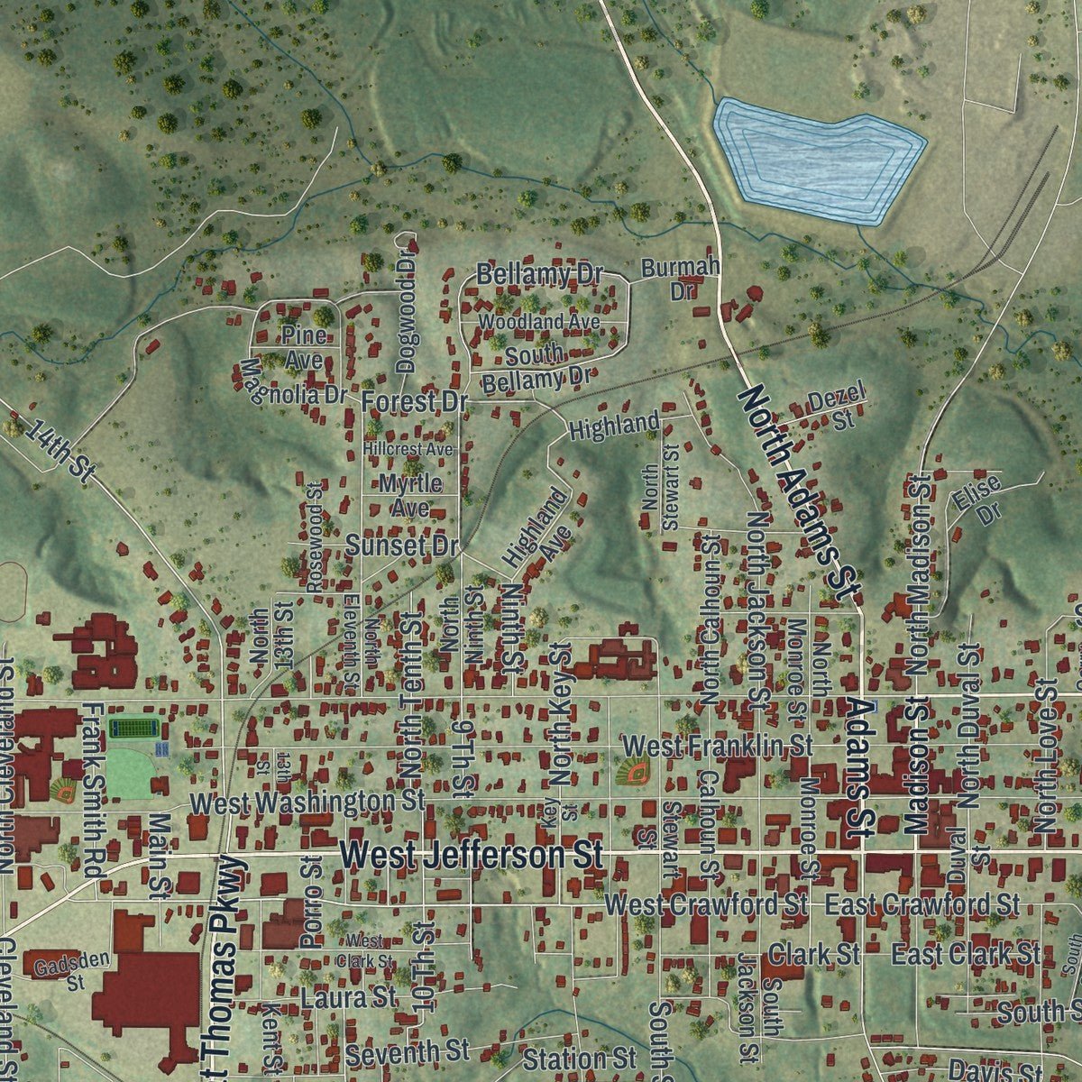 Close-up of the map of Quincy, Florida print showing street and building detail