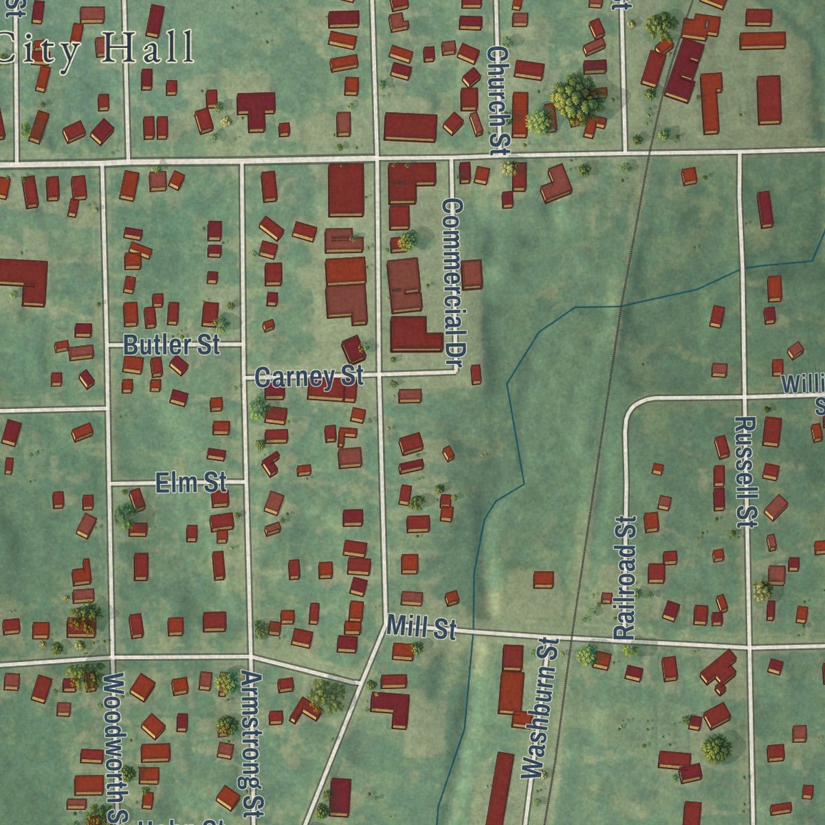 Close-up of the map of Leslie, Michigan print showing street and building detail