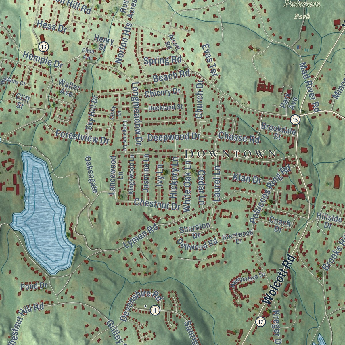 Close-up of the map of Wolcott, Connecticut print showing street and building detail