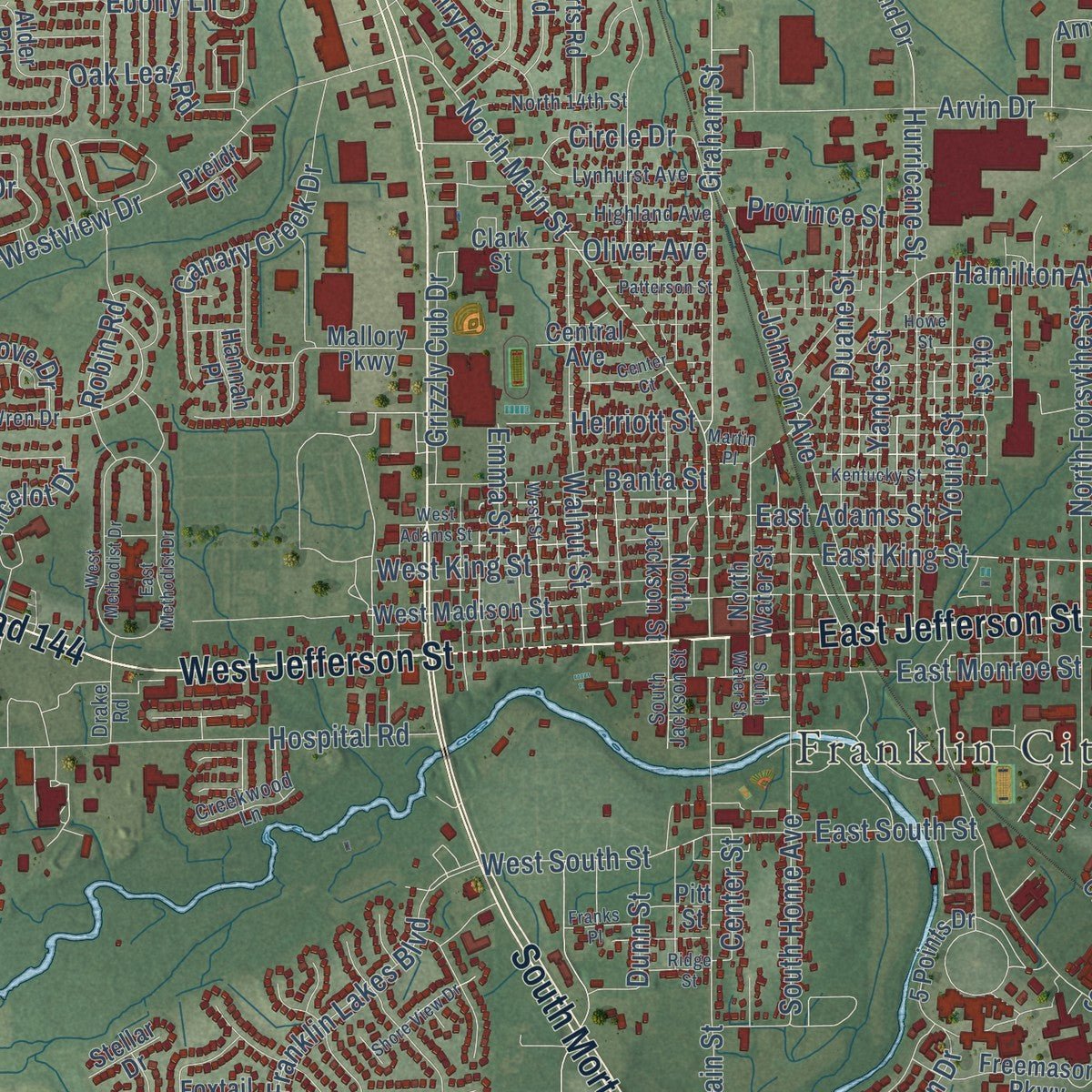 Close-up of the map of Franklin, Indiana print showing street and building detail