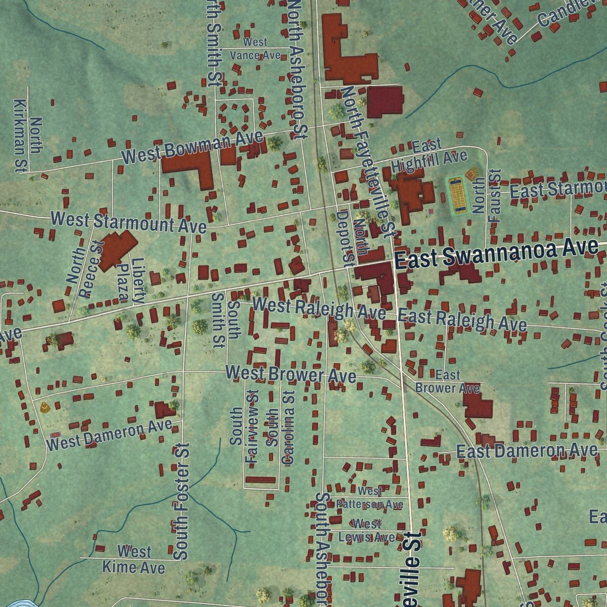 Close-up of the map of Liberty, North Carolina print showing street and building detail