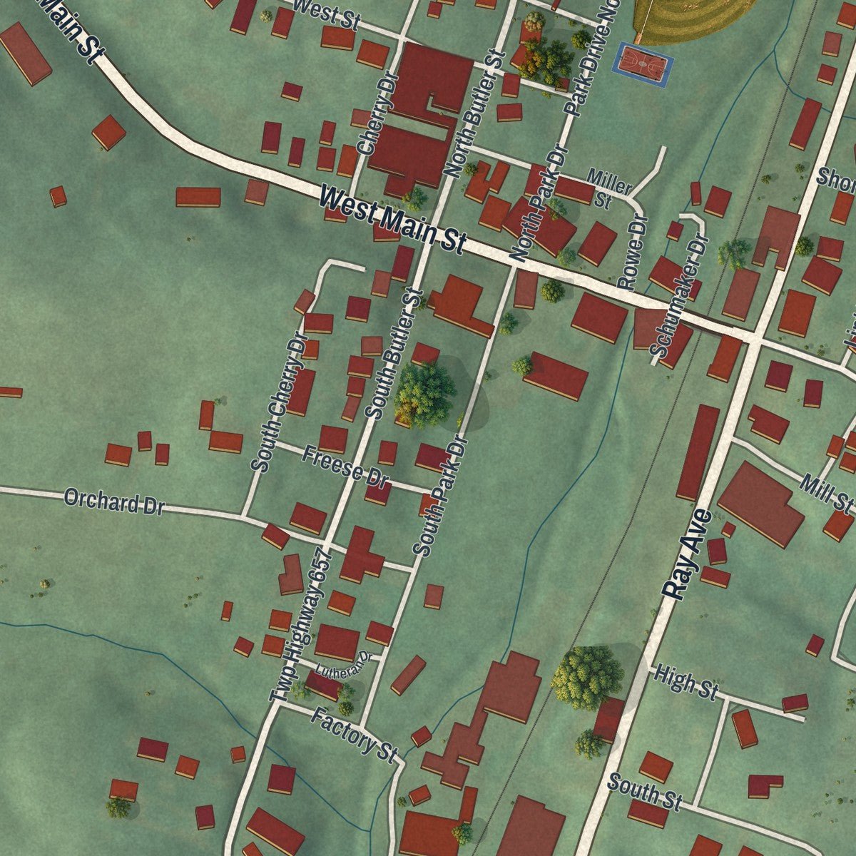 Close-up of the map of Baltic, Ohio print showing street and building detail