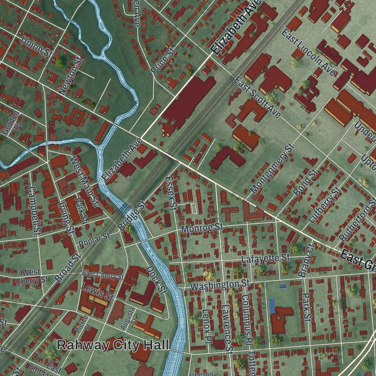 Close-up of the map of Rahway, New Jersey print showing street and building detail