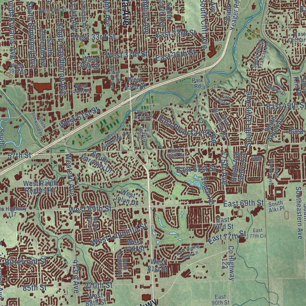 Close-up of the map of Sioux Falls, South Dakota print showing street and building detail