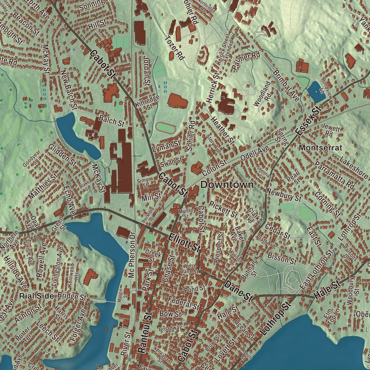 Close-up of the map of Beverly, Massachusetts print showing streets and neighborhoods