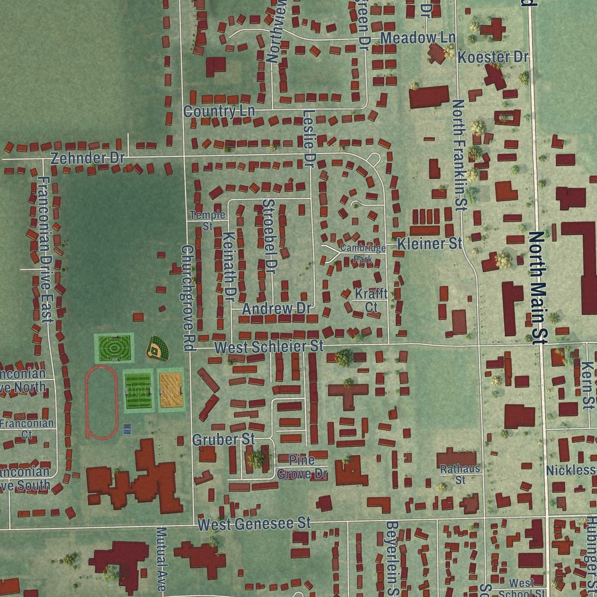 Close-up of the map of Frankenmuth, Michigan print showing street and building detail