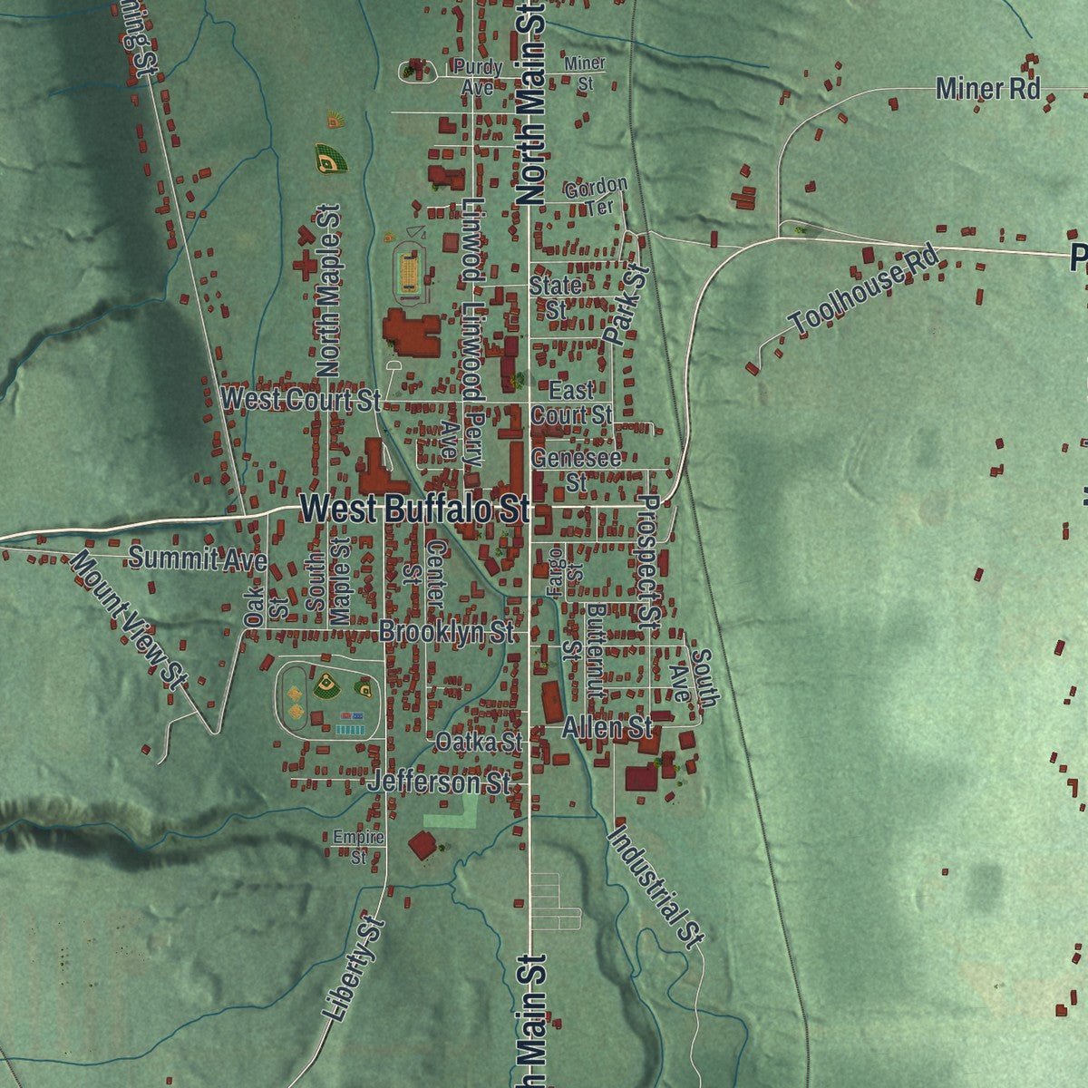 Close-up of the map of the Town of Warsaw, New York print showing street and building detail