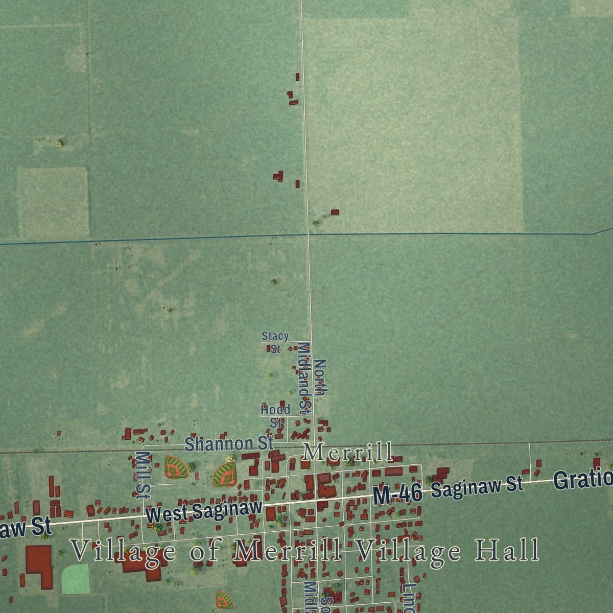 Close-up of the map of Jonesfield, Michigan print showing street and building detail