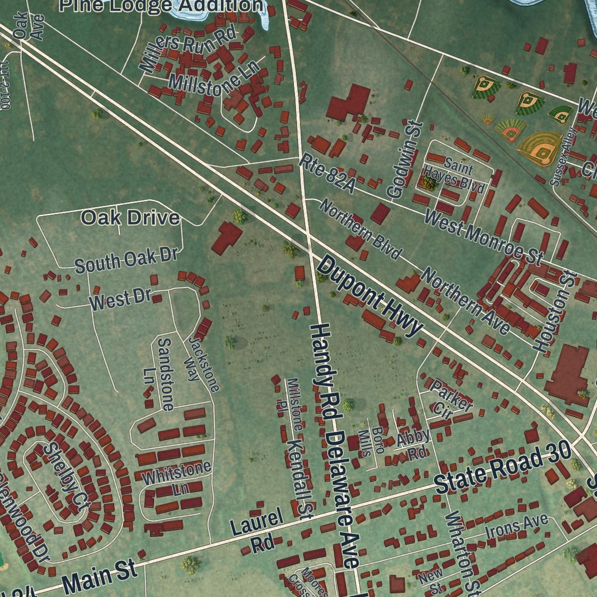 Close-up of the map of Millsboro, Delaware print showing street and building detail