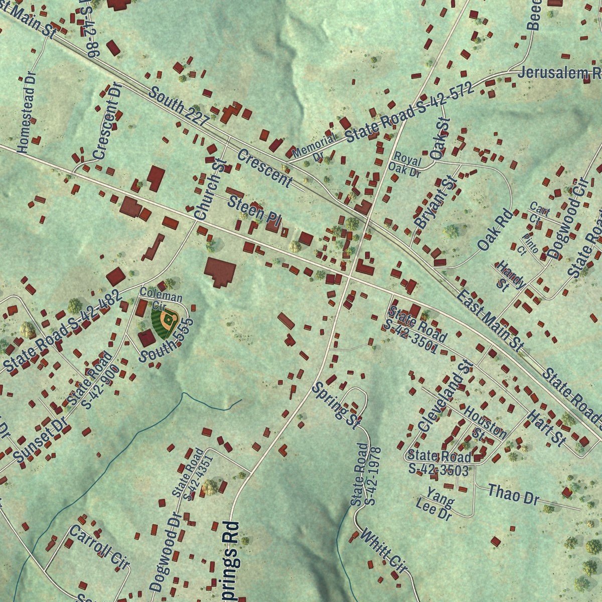 Close-up of the map of Pacolet, South Carolina print showing street and building detail