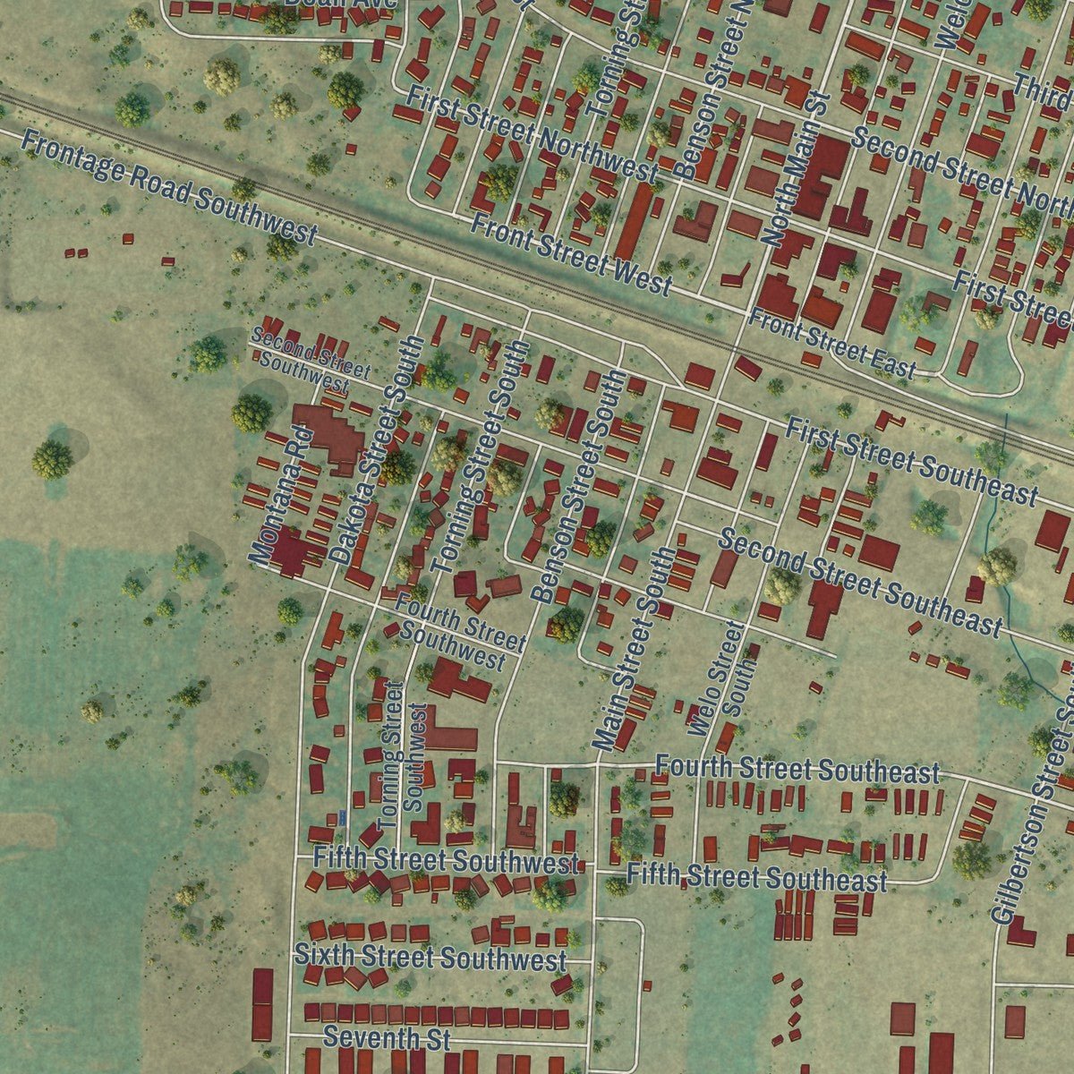Close-up of the map of Tioga, North Dakota print showing street and building detail