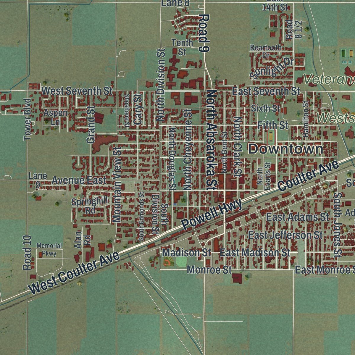 Close-up of the map of Powell, Wyoming print showing street and building detail